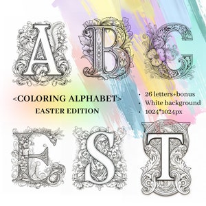 Alphabet médiéval à colorier | Coloriages de lettres lumineuses | PNG imprimable pour adulte | Activité de Pâques | Utilisation commerciale