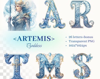 Goddess Artemis Alphabet | Transparent PNG SVG | Illuminated Manuscript Letters | Blue Clipart | Personalized Lettering | Commercial Use