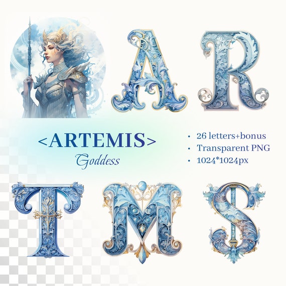 Goddess Artemis Alphabet | Transparent PNG SVG | Illuminated Manuscript Letters | Blue Clipart | Personalized Lettering | Commercial Use