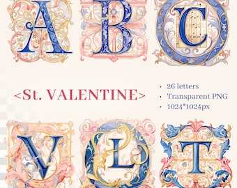 St. Valentine Alphabet | Transparent PNG SVG| Illuminated Manuscript Letter | Romantic Lettering |Valentine Scrapbooking | Invitation Design