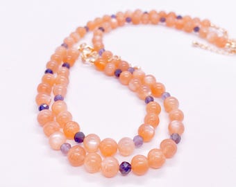 Peach Moonstone Necklace with Iolite, Beaded Necklace, Natural Gemstone, Feminine Energy Jewelry, June Birthstone Anniversary Gift for Her