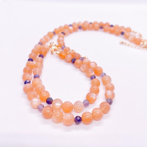 "Sunset Veil" Peach Moonstone Necklace with Iolite