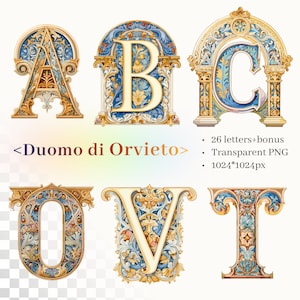 Alfabeto de mosaico dorado / PNG SVG transparente / Manuscrito medieval iluminado / Duomo de Orvieto / Letra de fachada de catedral / Uso comercial