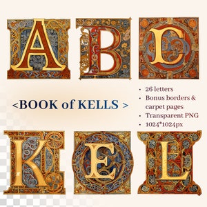 Alfabeto del Libro de Kells / PNG SVG transparente / Letra manuscrita iluminada de la Alta Edad Media / Evangelio celta / Estilo insular / Uso comercial