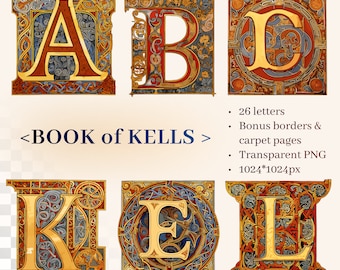 Book of Kells Alphabet | Transparent PNG SVG | Early Medieval Illuminated Manuscript Letter | Celtic Gospel | Insular style | Commercial Use