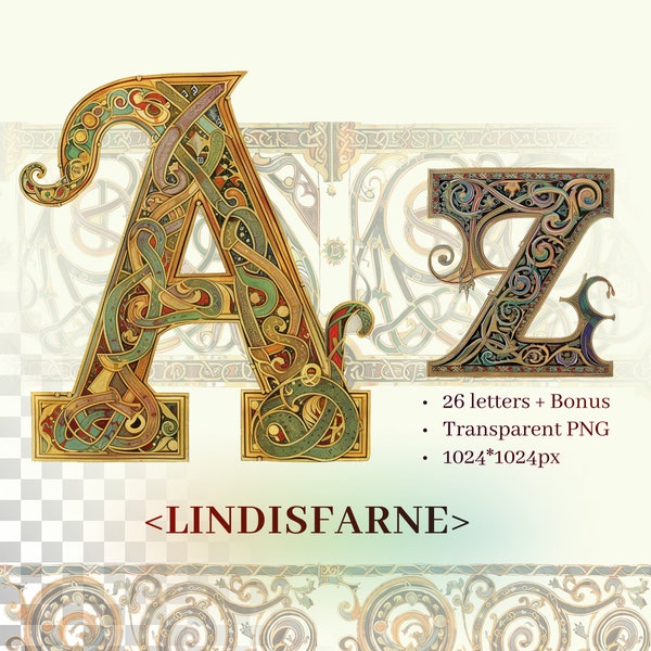 Lindisfarne Gospels Alphabet | Transparent PNG | Early Medieval Illuminated Manuscript Letter | Celtic Anglo-Saxon Insular Art | Commercial
