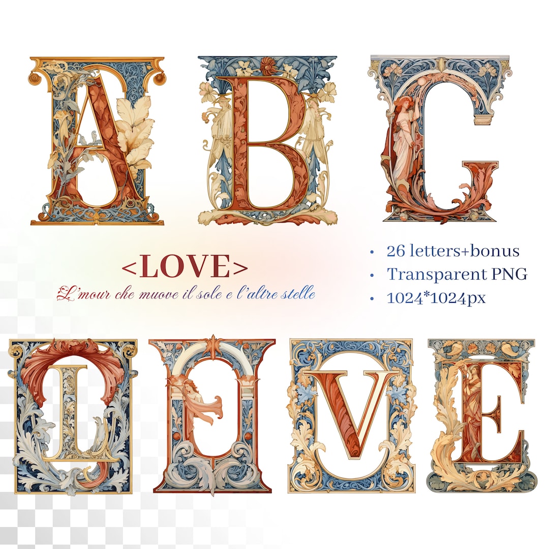 Pre-raphaelite Love Alphabet | Transparent PNG SVG | Illuminated ...