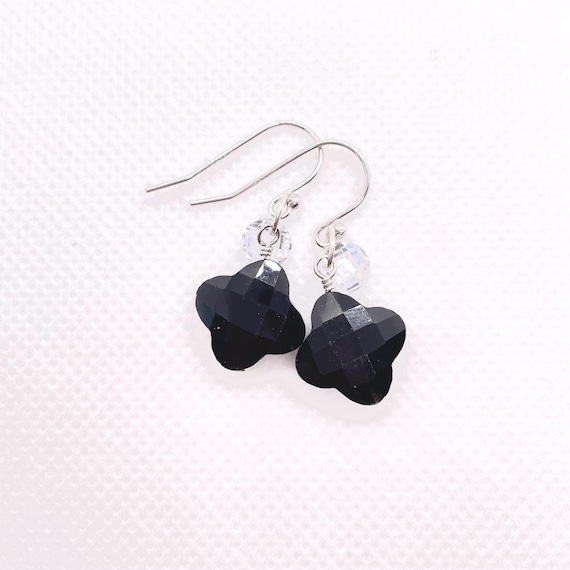 Black Onyx Clover Earrings with Cubic Zirconia Charm