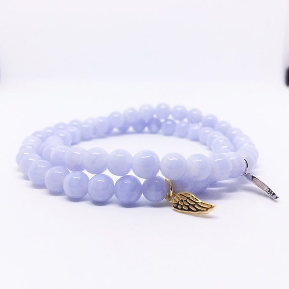 AAA Blue Lace Agate Bracelet, 6mm Stretch Bracelet, Sterling Silver Wing Charm, Blue Jewelry, Confidence, Unique Gifts, valentines day gift