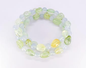 Prehnite & Blue Chalcedony Beaded Bracelet, Prehnit Armband, Easter Gifts, Valentines day, Birthday gift, Calming Protection Harmony