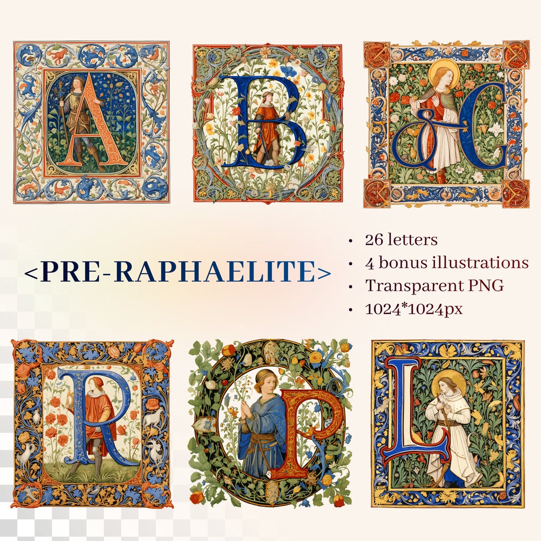 Pre-raphaelite Alphabet | Transparent PNG SVG | Illuminated Manuscript ...