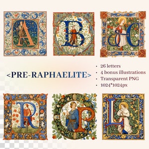 Alfabeto prerrafaelita / PNG SVG transparente / Letra manuscrita iluminada / Inicial personalizada / Uso comercial / Estilo William Morris