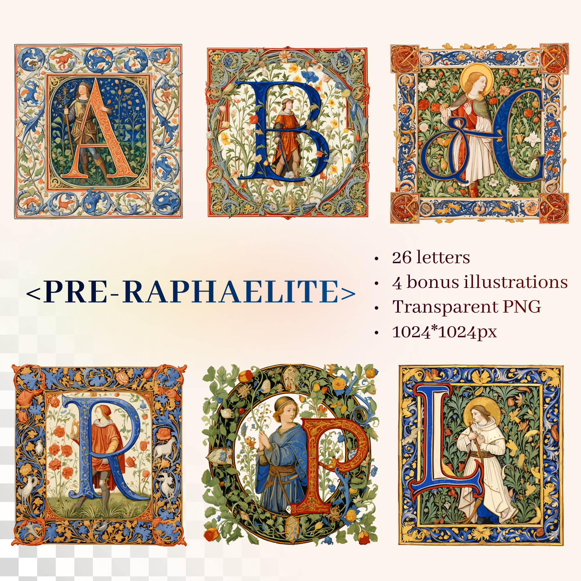 Pre-raphaelite Alphabet | Transparent PNG SVG | Illuminated