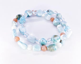 Larimar Beaded Bracelet, with Peach Moonstone, MOP or Rock Crystal, Artistic Jewelry, Unique Birthday Christmas Gifts, Healing Communication