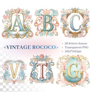 Alfabeto rococó vintage / PNG SVG transparente / Letras iluminadas en tonos pastel / Clipart inicial decorado / Personalizado / Uso comercial