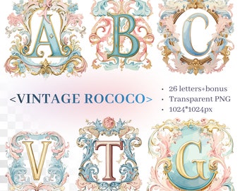 Vintage Rococo Alphabet | Transparent PNG SVG | Pastel Illuminated Letters | Decorated Initial Clipart | Personalized | Commercial Use