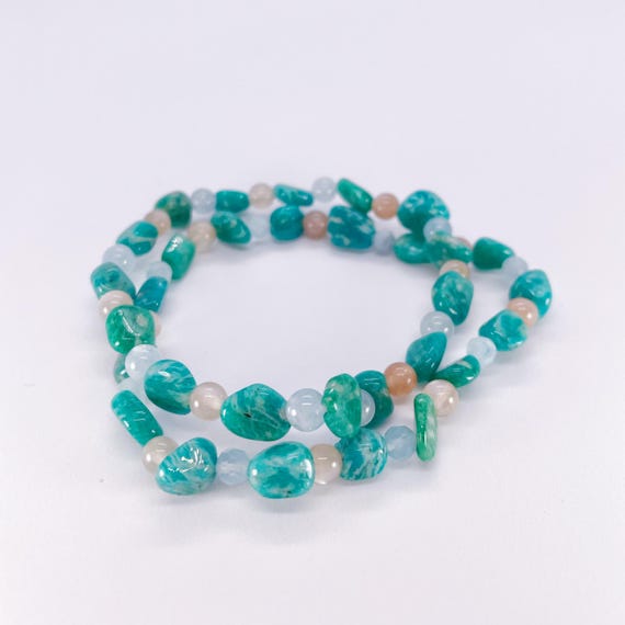 "Morning Fjord" Beaded Bracelet, with Amazonite, Peach Moonstone & Aquamarine