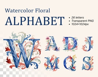 Watercolor Alphabet Bundle | PNG Download | Transparent Background | Floral Initial Clipart | Scrapbook Letters  | Illuminated Manuscript