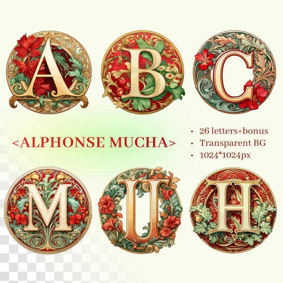 Art Nouveau Christmas Alphabet | Transparent PNG SVG | Holiday Initials | Illuminated Letters | Alphonse Mucha Style Decor | Commercial Use