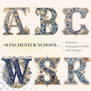 May include: A selection of ornate, vintage alphabet letters: A, B, C, W, S, and R. Each letter is decorated with a blue and gold floral design. The image also includes the text "WINCHESTER SCHOOL".