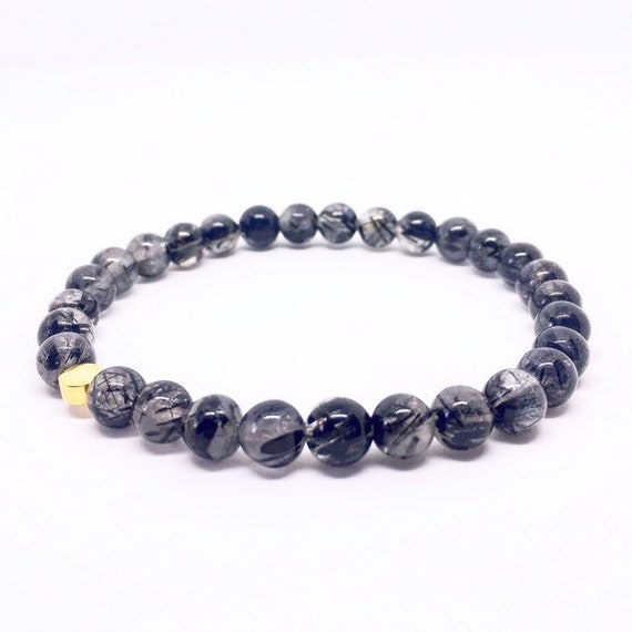 Black Rutilated Quartz Bracelet, Black Tourmalinated Quartz Bracelet, Protection Jewelry, Stretchy Bracelet, valentines day gift, Unique