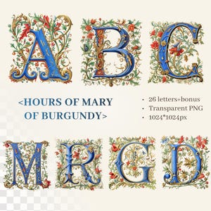 Peut inclure: Illustration numérique de lettres ornées A, B, C, M, R, G et D. Chaque lettre est bleue avec des détails dorés et entourée de motifs floraux. Le texte "HOURS OF MARY OF BURGUNDY" est en dessous. Le texte supplémentaire est également inclus.