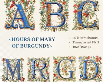Hours of Mary of Burgundy Alphabet | Transparent PNG | Medieval Illuminated Manuscript Letter | Catholic Art | Book of Hours| Commercial Use
