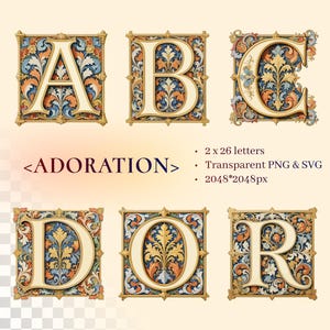 Adoration Alphabet | Dual Style Illuminated Letter | Transparent PNG SVG | Ornate Medieval Monogram |  Catholic Christian Bible Study Design