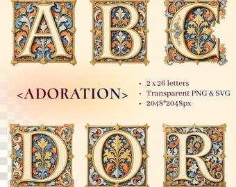 Adoration Alphabet | Dual Style Illuminated Letter | Transparent PNG SVG | Ornate Medieval Monogram |  Catholic Christian Bible Study Design