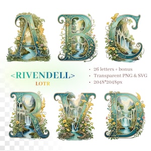 Puede incluir: Conjunto de letras decorativas A, B, C, R, V y D, cada una con un diseño único. Las letras son de color verde azulado con una escena de paisaje en el interior, rodeadas de flores y follaje. También está presente el texto "RIVENDELL" y "LOTR".