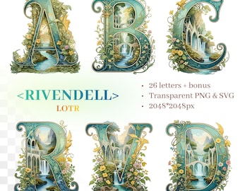 Hidden Valley Elf Alphabet | Transparent PNG SVG| Elven style Illuminated Letters | Ring Fan art | Personalized Initial | Middlearth Clipart