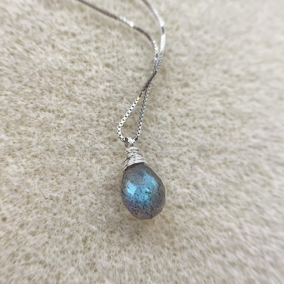 Dainty AAA Labradorite Necklace, with Faceted Blue Flash Teardrop Pendant