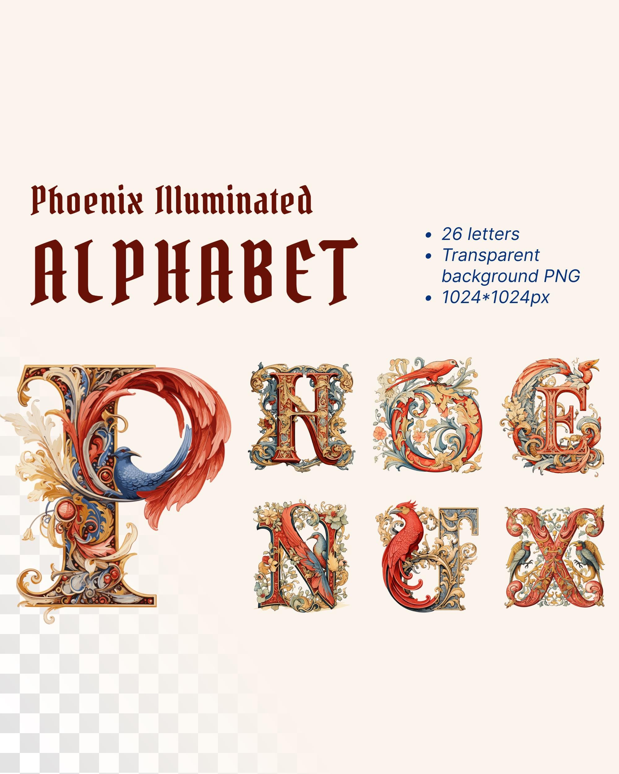 Pheonix Alphabet | Transparent PNG SVG | Illuminated Manuscript