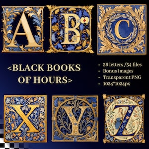Alfabeto Morgan Black Hours | PNG SVG transparente | Letras iluminadas | Livros de horas | Clipart de manuscrito medieval | Uso comercial