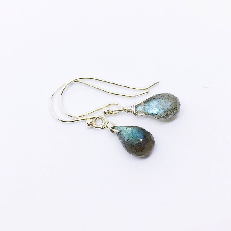 May include: A pair of silver dangle earrings with teardrop-shaped labradorite gemstones.