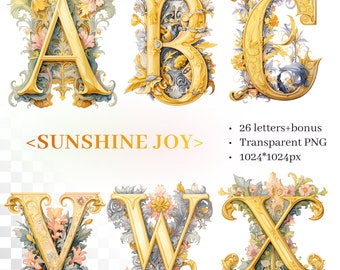 Spring Sunshine Alphabet | Easter Lettering | Transparent PNG SVG | Illuminated Letters |Watercolor Yellow Monogram Clipart | Commercial Use