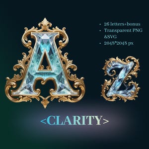 May include: An ornate letter "A" and "Z" with a jewel-like appearance, set against a dark teal background. The letters are framed in gold filigree with a sparkling, light blue interior. The word "CLARITY" is displayed below.