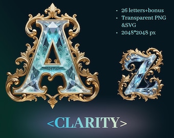 Clarity Alphabet | Medieval Illuminated Letters | Transparent PNG SVG | Crystal Initials for Dark Background | Medieval Monogram Printable