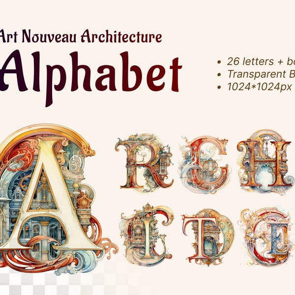 Alphabet Art nouveau - Architecture | PNG transparents SVG | Lettres à l'aquarelle | Clipart initiale lumineuse | Victor Horta | Utilisation commerciale