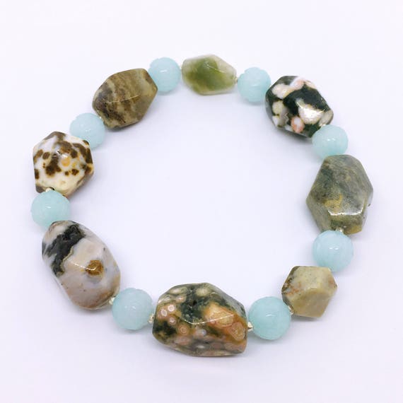 Ocean Jasper Bracelet, Ozean Jaspis Armband, Carved Amazonite, Karen Hill Tribe Silver, Calming Jewelry, Fête des Mères, unique gifts