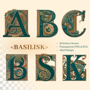 Könnte beinhalten: Dekorative Buchstaben A, B, C, B, S und K, jeweils mit einem teal Drachendesign mit orangefarbenen und goldenen Akzenten. Das Wort "BASILISK" steht unter den Buchstaben. Das Bild enthält auch Text mit 26 Buchstaben plus Bonus, transparentem PNG & SVG und 1024x1024px.