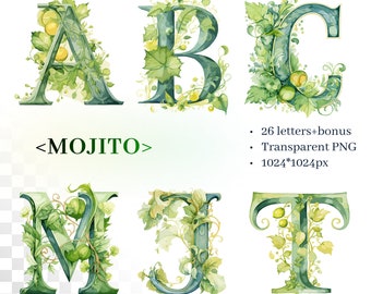 Mojito Alphabet | Transparent PNG SVG | Illuminated Letters | Summer Cocktail Clipart | Personalized Lettering | Commercial Use