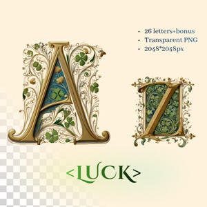 Alfabeto Trevo da Sorte | PNG Transparente | Letra Iluminada Medieval | Iluminação Gótica | Arte Católica | Uso Comercial de Clipart de Trevo