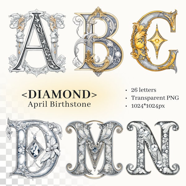 Diamond Alphabet | Transparent PNG SVG | Illuminated Letters | April Birthstone Initials | Gemstone Monogram | Art Nouveau Sublimation