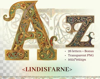 Lindisfarne Gospels Alphabet | Transparent PNG | Early Medieval Illuminated Manuscript Letter | Celtic Anglo-Saxon Insular Art | Commercial