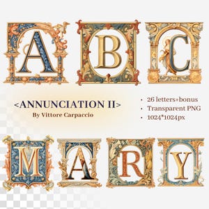 Alfabeto de elegancia renacentista / PNG SVG transparente / Letras manuscritas iluminadas medievales / Letras otoñales de arte católico / Uso comercial