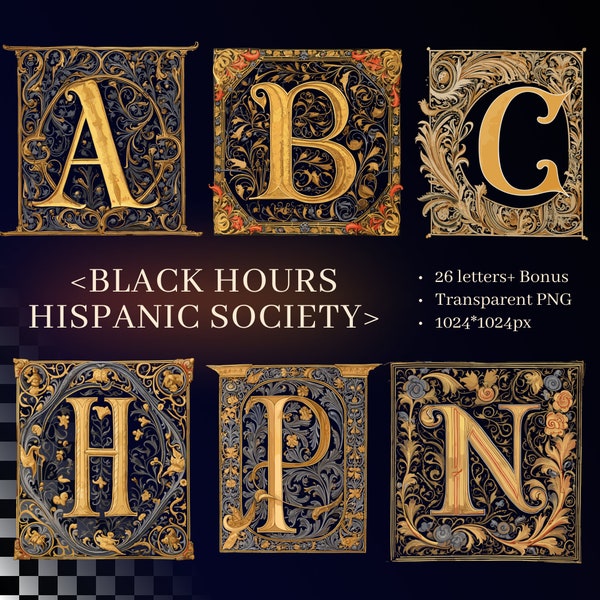 Hispanic Society Black Hours Alphabet | Transparent PNG SVG | Illuminated Manuscript Letters | Medieval Initials Clipart | Commercial Use
