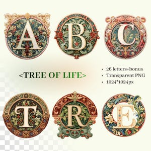 Alfabeto Árvore da Vida | PNG SVG Transparente | Estilo William Morris Pré-Rafaelita | Letra Iluminada | Letras Decorativas Uso Comercial