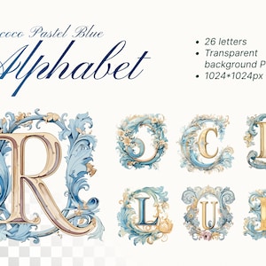 Alfabeto rococó / Descarga PNG transparente / Letras iluminadas con acuarela / Clipart inicial en azul bebé / Letras elegantes y ornamentadas / Comercial