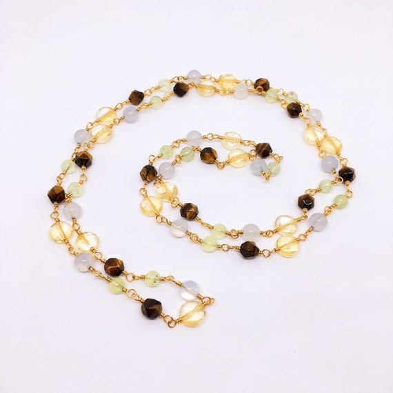 Long Gemstone Necklace, Christmas Gift, Citrine, Blue Chalcedony, Tigers Eye, Prehnite, Long Gemstone Rosary Necklace, Anniversary Gift